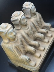Rare Bactrian Sandstone Sculpture – Seated Trio – Ancient Central Asian Artifact