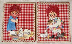 Raggedy Ann & Andy 3D paper art on wood wall decor 1975