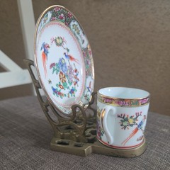 VTG Chinese 4.5” Porcelain Gilted Floral & Birds Demitasse Cup & Saucer w stand