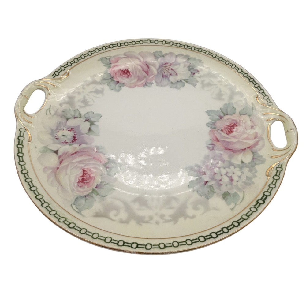 Antique German (K&L) Porcelain Handled Serving Platter Pink Roses Gold c.1910