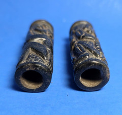 PAIR OF PRE-COLUMBIAN MAYAN SERPENTINE TUBULAR NECKLACE BEADS WITH GLYPHS