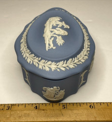 Wedgwood Blue Jasperware Oval Trinket Box Lid Scalloped Cherubs Dogs