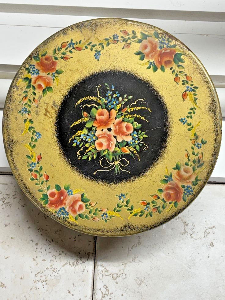 Vintage Toleware Candy Tin ~ Round Lid Covered Box ~ 10 inches in diameter