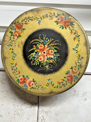 Vintage Toleware Candy Tin ~ Round Lid Covered Box ~ 10 inches in diameter