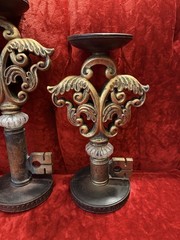 Ornate Rococo Victorian Hollywood Regency Style Gold Key Candle Holders Set Of 3