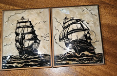 Vtg Pair of Reverse Painted Silhouettes on Convex Glass W Feathers 1940-50’s