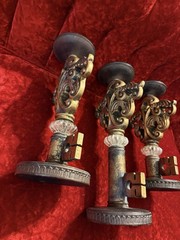 Ornate Rococo Victorian Hollywood Regency Style Gold Key Candle Holders Set Of 3