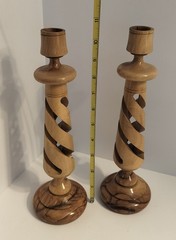 Hand Carved Olive Wood Spiral Candle Holders Pair Holy Land Barley Twist