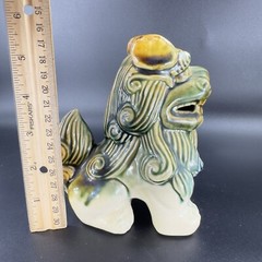 Vintage 1980s Ceramic Majolica Green Foo Dogs Set 2 Shishi Lions Good Luck vtg