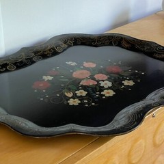VTG Black Tole Toleware Painted Tray Scalloped Floral Cottage Goth Boho 20″x25″
