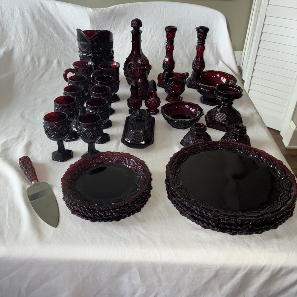 Vtg Avon 1876 Cape Cod Collection 36 Piece Ruby Red Lot -Plates, Butter, Goblets