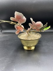Vtg Metal & Enamel Floral Flower Arrangement MCM Brass Yellow 8” Wide