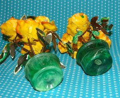 2 Unusual Vtg Enameled Metal Orange Flower Sculptures 6” Arrangement Resin Open