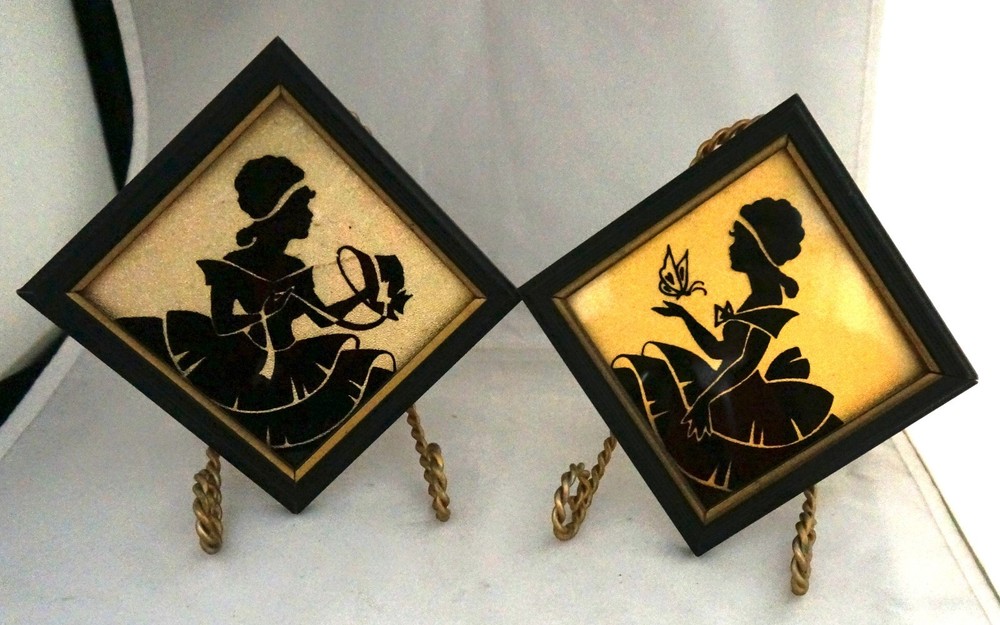 Pair 1940 Reliance Flat Glass Silhouette Gold Silver Foil