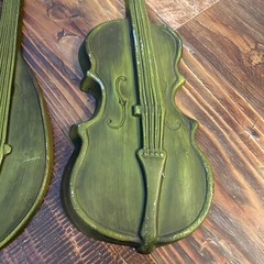 Vintage 60s Royal Cast Metal Green Bass Guitar and Mandolin Wall Hangings Art