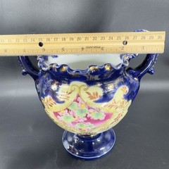 Antique Fine Porcelain Vase Vessel Footed Dish Bowl W Handles Decorated Ceramic