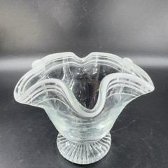 Vintage Glass Dish Bowl Clear White Ruffles Scroll Footed Base Candy Dish VTG