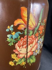VTG Hand Painted CANCO Toleware Metal Trashcan / Can Floral Roses Brown 13”