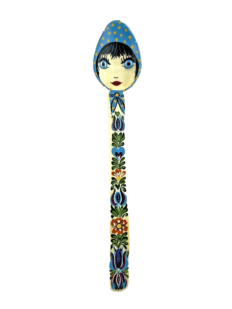Decorative Lady Face Hand Painted Wooden Mixing Blue Scarf Big Eyes Folk Art