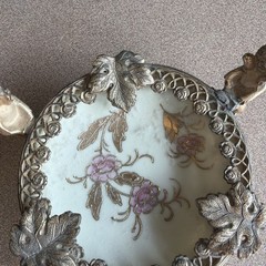Antique Small Raised Meissen Bowl In Bronze Setting Footed 3 Cherubs 5″ Stunning