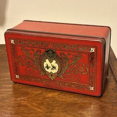 Rare Vintage Tindeco DeMets English Toffee, Bright Red Art Deco Butterfly Tin