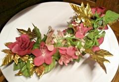 Home Interiors 12″ Homco 6-Metal Leaves w/Red+ Pink Flowers Wall Mount Decor A38