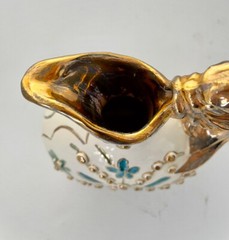 Vtg Ceramic Hand Painted Pitcher Gilded Gold Aqua White Molded 3D Design 8.75″