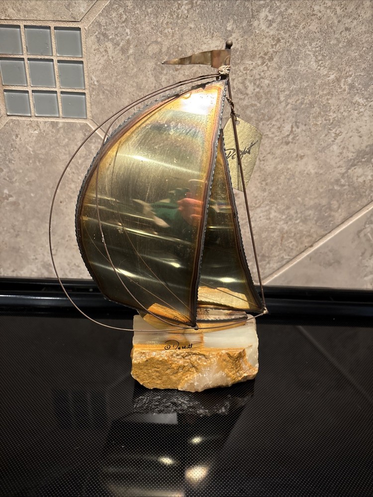 MCM John DeMott 10″ Sail Boat Brass Sculpture, Onyx Base, Signed