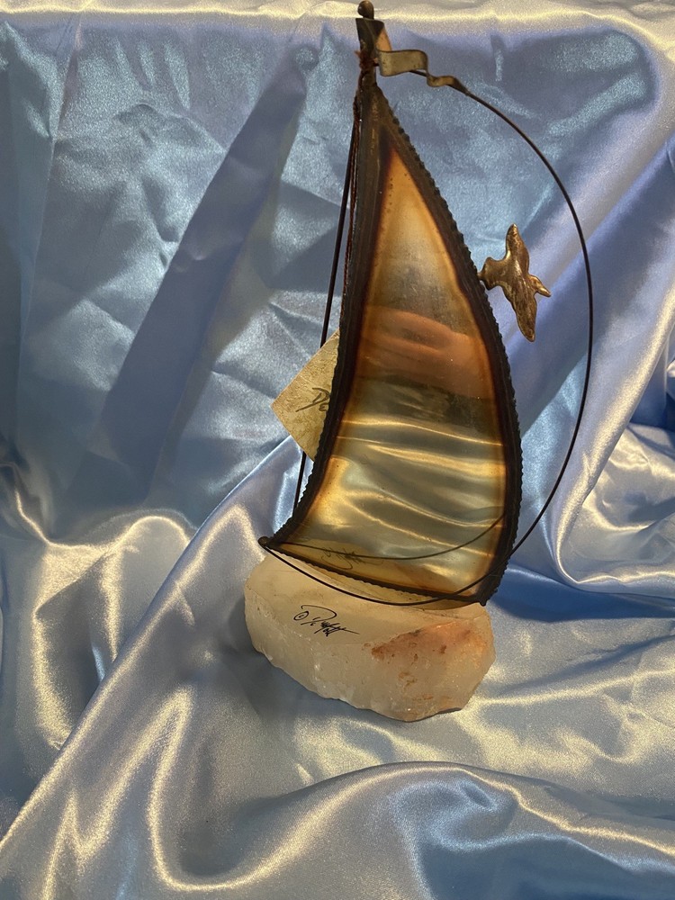 Vintage DeMott Signed Brass Sailboat Rock Quartz Base Nautical Boat Sculpture