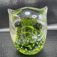 Hand Blown Venetian Art Glass Owl Bird Paperweight Figurine Green Bubbles Italy