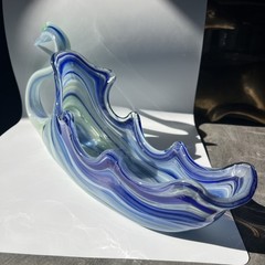 Sooner Swan Murano Style Hand Blown Art Glass Bowl Cobalt Blue Swirl 16”x4”x6”