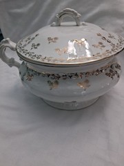 Vtg Ornate Chamber Pot With Lid White with Gold floral design, Victorian?