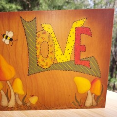 Mushrooms Love Lady Bug SIGNED Vintage 1970s Wall Hanging Felt Back Boho Tole