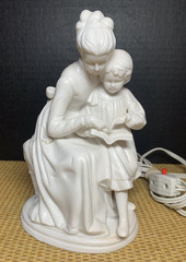 Porcelain Parian Ware Mother & Child Figure Reading Night Light White Works