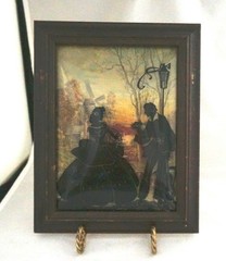 Pair 1940 Convex Glass Matching Silhouettes Couple Guitar Serenade