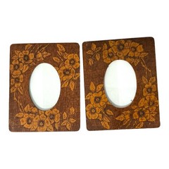 Antique Pair of Pyrography Wood Picture Frames Set of 2 Folk Art Hand-Burned Flo