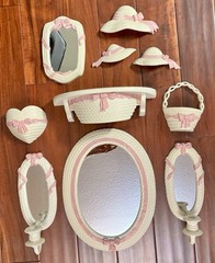 VTG Burwood Home Interiors Faux Wicker w/ Pink Bows Plastic Wall Decor~10 Pieces
