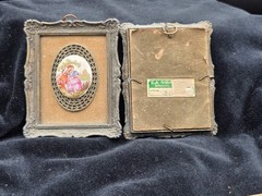 Vintage Pair Ornate Cast Metal Frames Limoges Style Porcelain Romantic Plaques