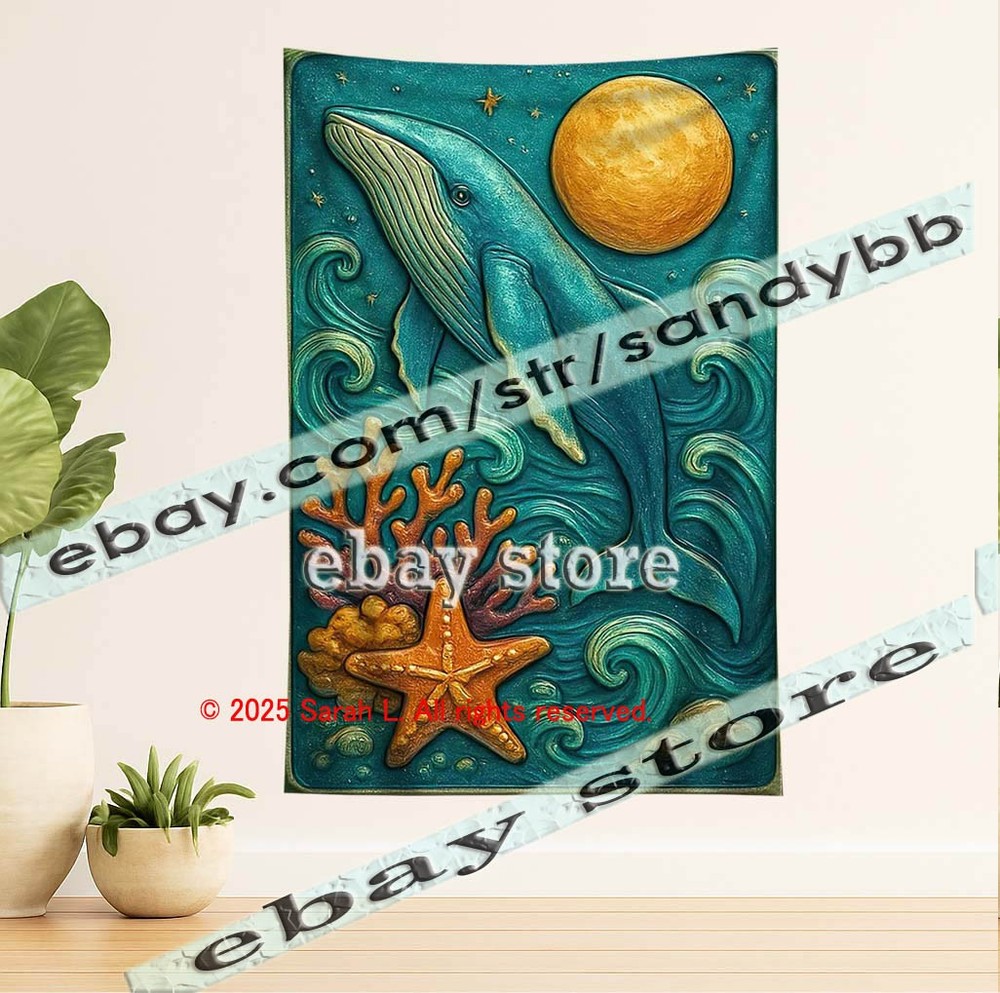 Whale Moon Ocean Relief Tapestry 3D look Wall Art coastal decor 39X59 in