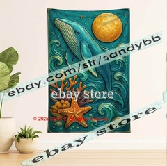 Whale Moon Ocean Relief Tapestry 3D look Wall Art coastal decor 39X59 in