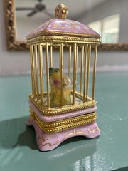 Limoges France Birdcage w Budgerigar Love Bird Parakeet Pair & Gold Trinket Box