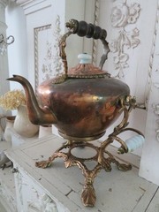 Old Copper TILTING TEA KETTLE on Ornate BRASS STAND White Porcelain Handles