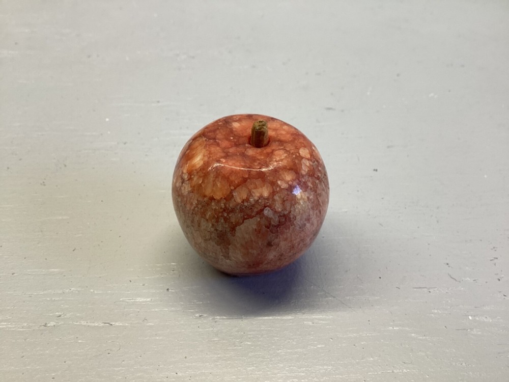 Vintage Polished Peach Pink Red Apple Marble Stone Fruit w/ Wood Stem