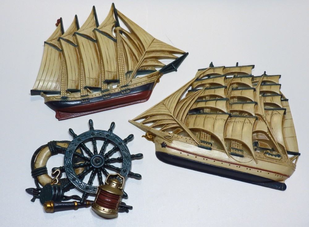 Burwood USA Vintage Nautical Clipper Ships/Wheel 3D Relief Wall Home Decor Set!