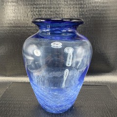 Hand Blown Blue Crackle Glass Vase Vessel Hand Made Glass Vase Studio Art Glass