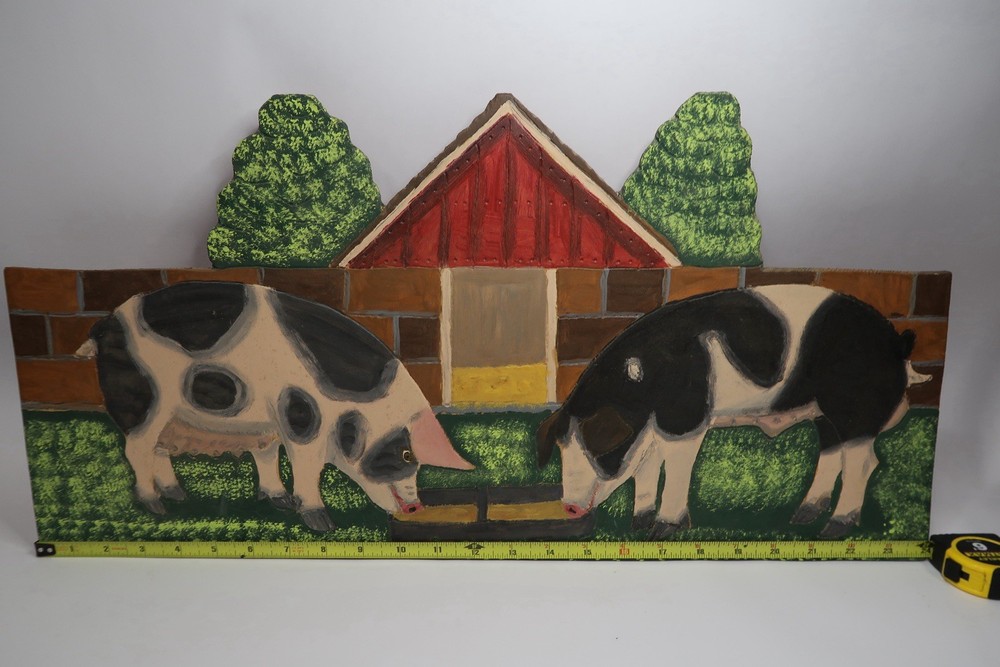 1989 Large Menno Shirk Folk Art Painting On Wood 12″ X 24″ Barn Pigs Signed B32