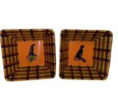 2 Adorable Square Checkered Halloween Hard Plastic Bowls ￼ Witch & Cat ￼