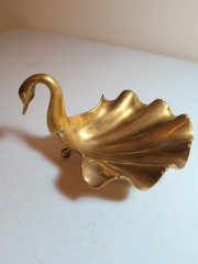 Vintage Heavy Brass Copper Swan Sculptural Bowl Patinaed