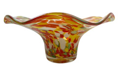 Stunning Hand Blown Art Glass Design Ruffle Bowl Confetti Orange/Green/Yellow