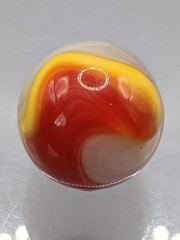 .75″ Akro Corkscrew Popeye Red, Yellow, White Shooter Marble- #CE137